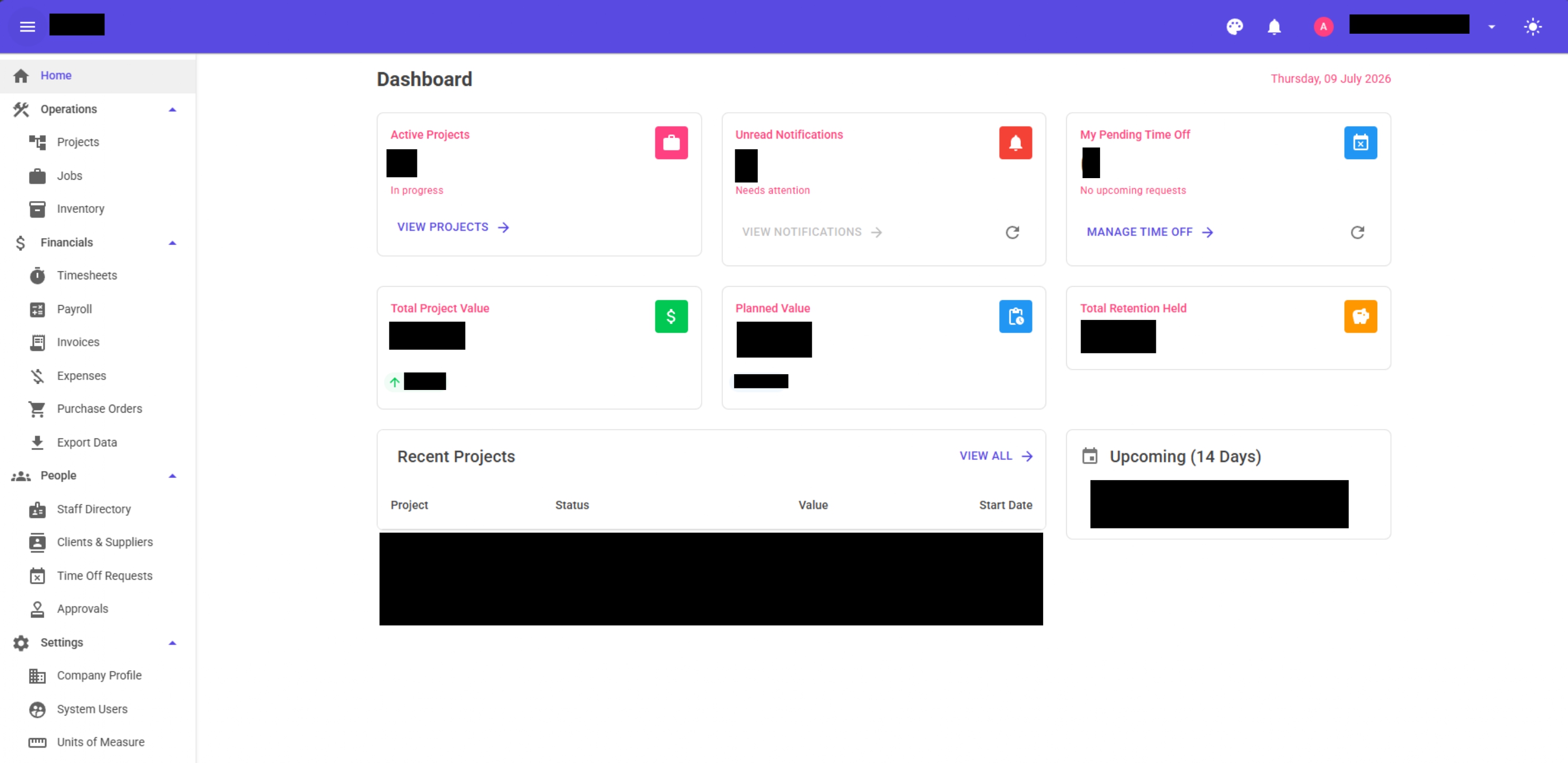 Screenshot of a field operations CRM dashboard showing active projects, financials and staff management